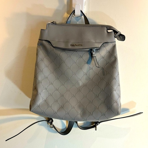 STEVE MADDEN Monogrammed SM vegan Leather Backpack Top Handle Bag Lined Grey - Picture 1 of 12